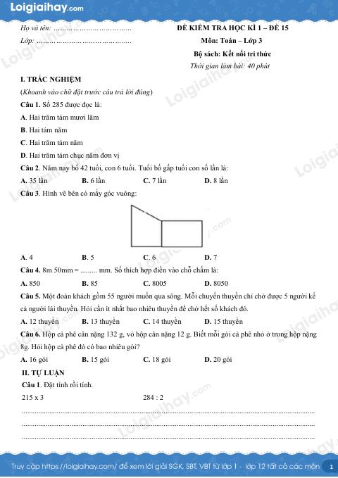 Đề kiểm tra học kì 1 Toán 3 Kết nối tri thức - Đề số 15